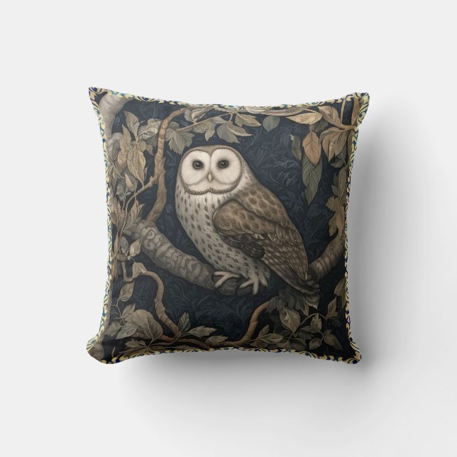 Barn Owl in a Night Forest William Morris Style Cushion (Front)