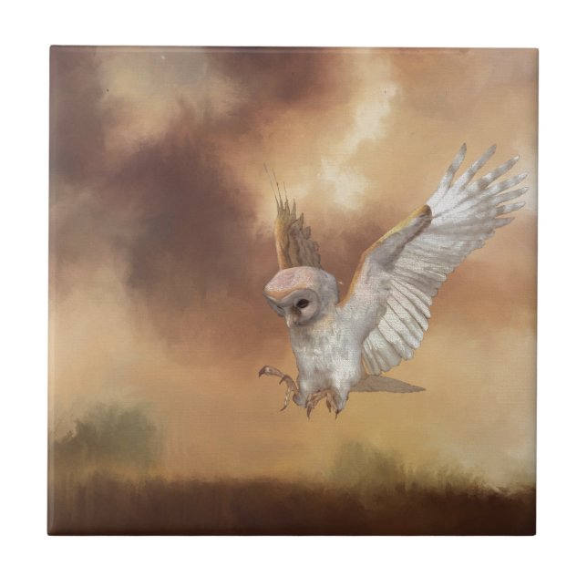Barn Owl in Flight Digital Painting Tile (Front)