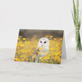 Barn Owl in Yellow Flower Field Card