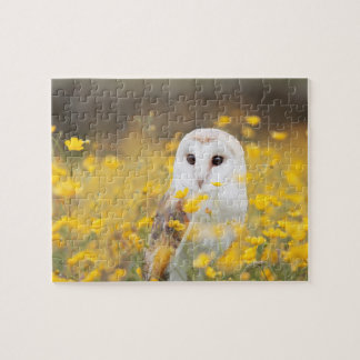 Barn Owl in Yellow Flower Field Jigsaw Puzzle