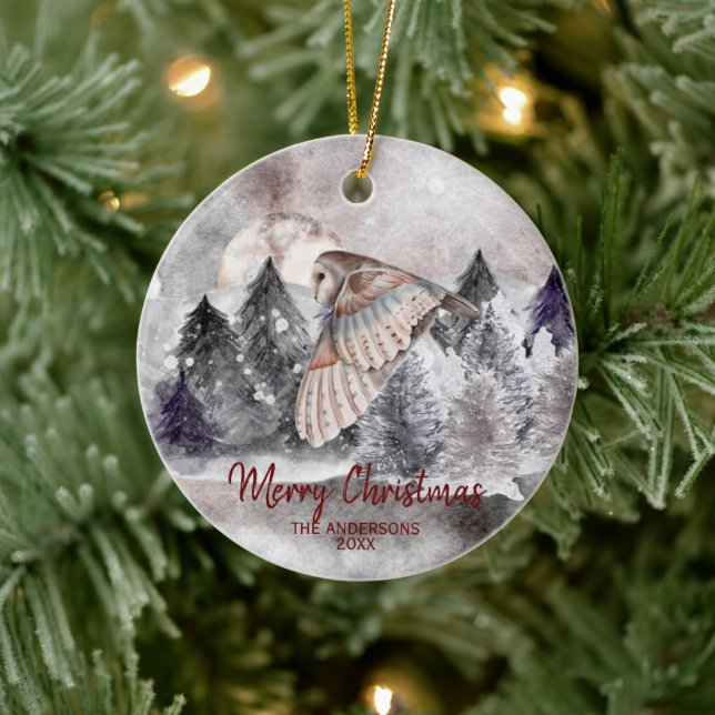Barn Owl Moon Watercolor Forest Christmas Ornament (Tree)