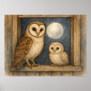 Barn Owl & Owlet Rustic Watercolor Poster