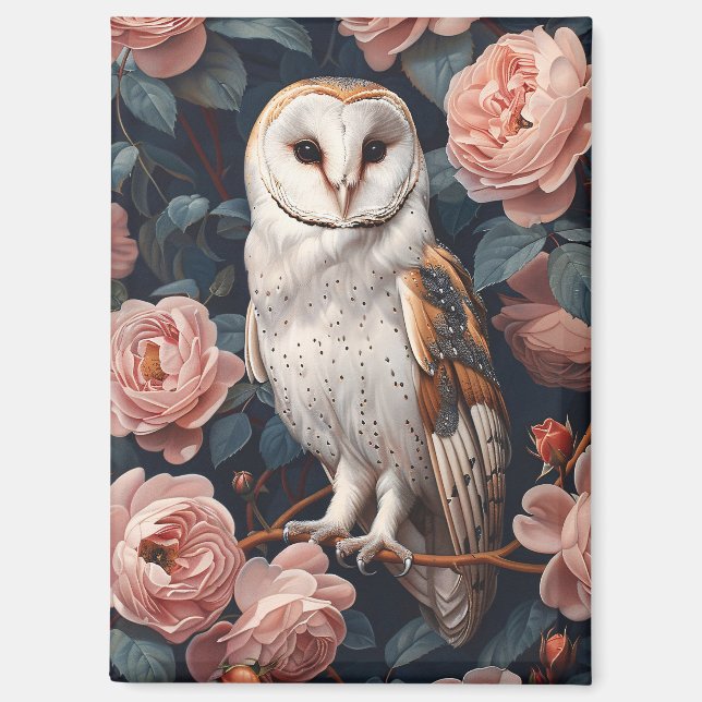 Barn Owl Perched Among Pink Roses Magnet (Front)