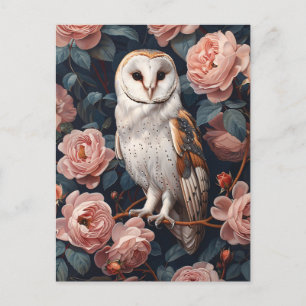 Barn Owl Perched Among Pink Roses Postcard
