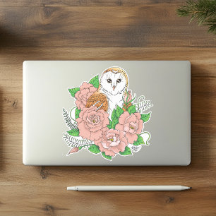 Barn Owl Pink Flowers Blue