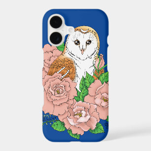 Barn Owl Pink Flowers Blue