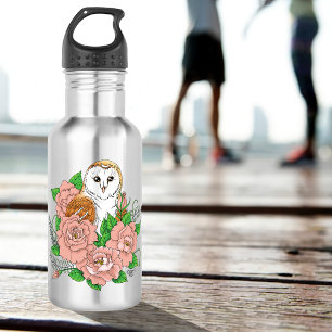 Barn Owl Pink Flowers Blue 532 Ml Water Bottle