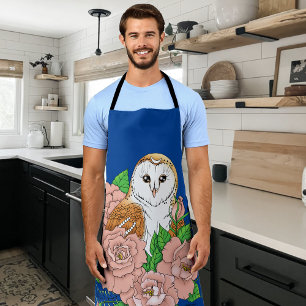 Barn Owl Pink Flowers Blue Apron