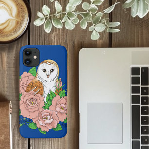 Barn Owl Pink Flowers Blue Case-Mate iPhone Case