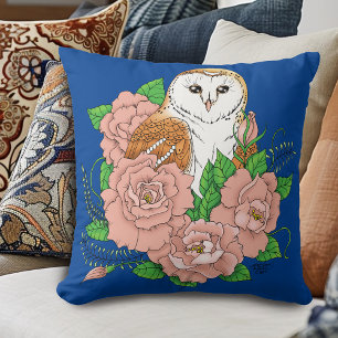 Barn Owl Pink Flowers Blue Cushion