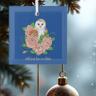 Barn Owl Pink Flowers Blue Glass Tree Decoration