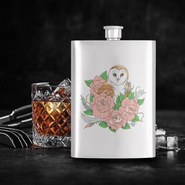 Barn Owl Pink Flowers Blue Hip Flask (Creator Uploaded)
