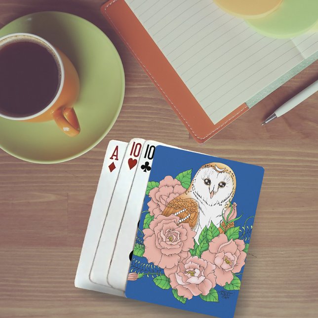 Barn Owl Pink Flowers Blue Playing Cards (Creator Uploaded)