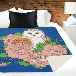 Barn Owl Pink Flowers Blue Sherpa Blanket