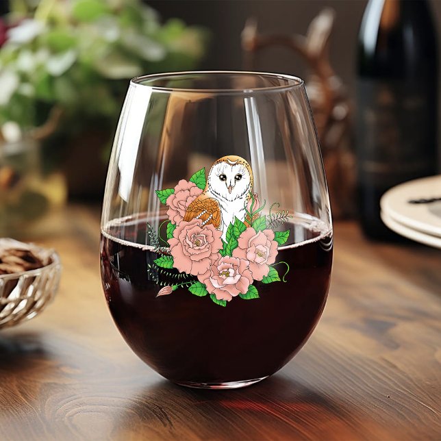 Barn Owl Pink Flowers Blue Stemless Wine Glass (Creator Uploaded)