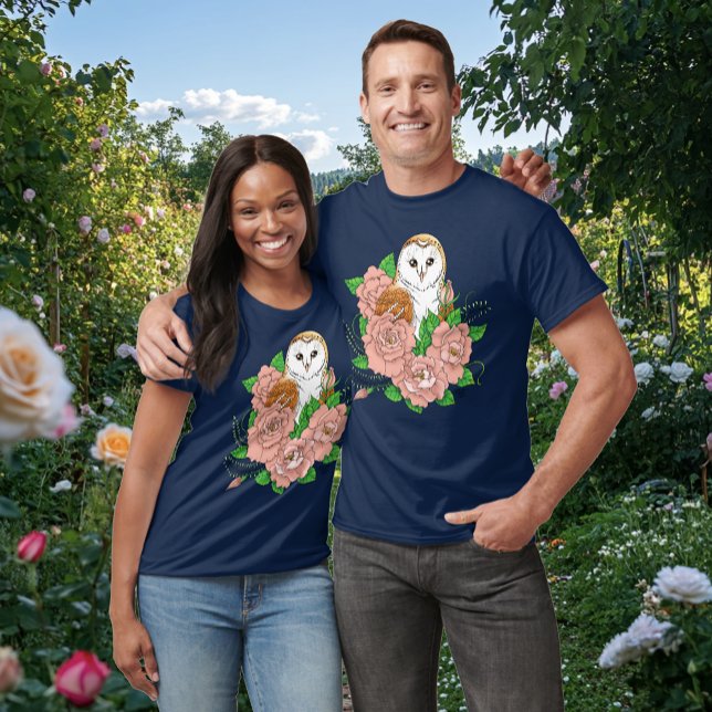 Barn Owl Pink Flowers Blue T-Shirt (Creator Uploaded)