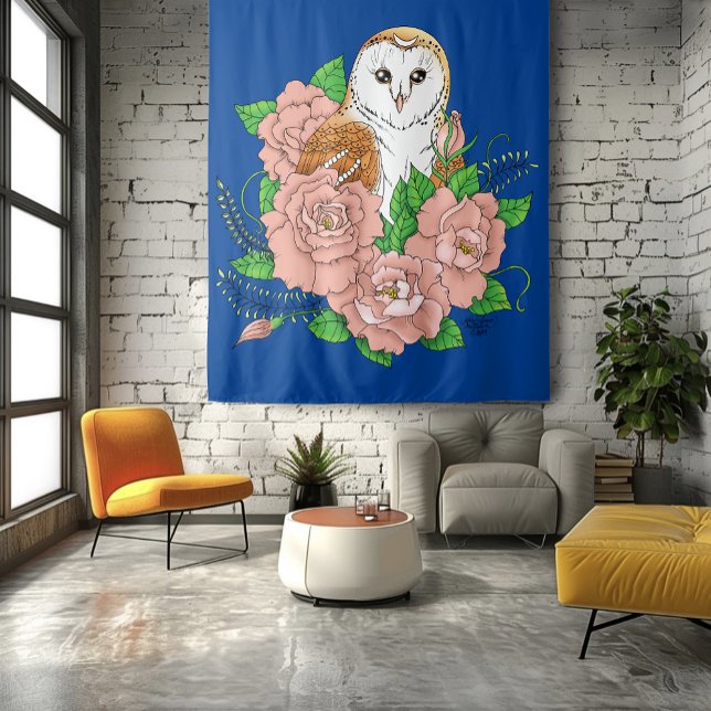 Barn Owl Pink Flowers Blue Tapestry (Creator Uploaded)
