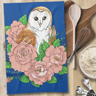 Barn Owl Pink Flowers Blue Tea Towel