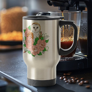 Barn Owl Pink Flowers Blue Travel Mug