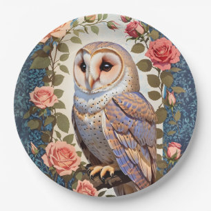 Barn Owl Pink Roses Foral Paper Plate