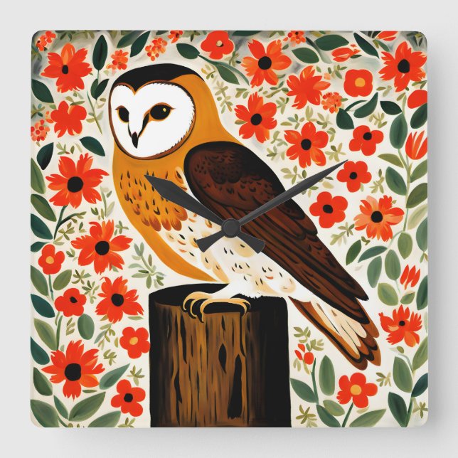 Barn Owl Square Wall Clock (Front)