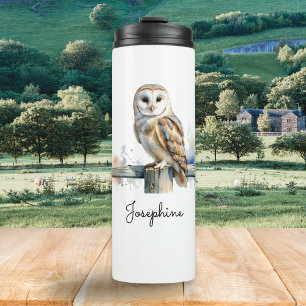Barn Owl Watercolor Bird Illustration Personalized Thermal Tumbler