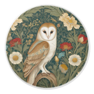 Barn Owl William Morris style Right facing Flowers Ceramic Knob