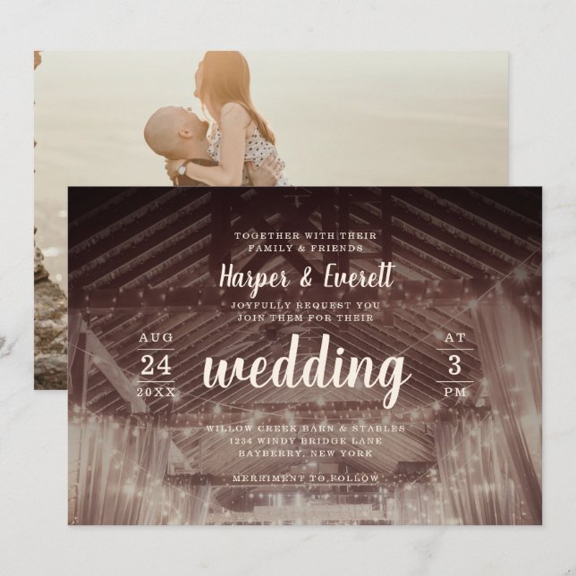 Barn Rafters with String Lights Photo Wedding Invitation (Front/Back)