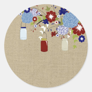 Barn Red and Blue Mason Jar Faux Burlap Sticker