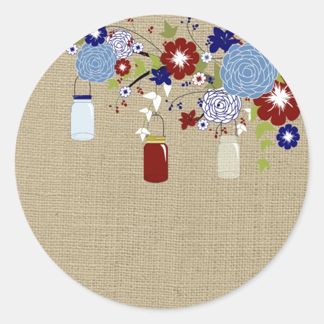 Barn Red and Blue Mason Jar Faux Burlap Sticker (Front)