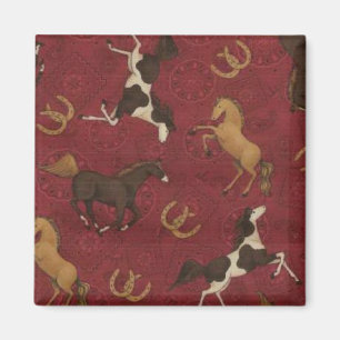 Barn Red with Horses & Horseshoes Fridge Magnet
