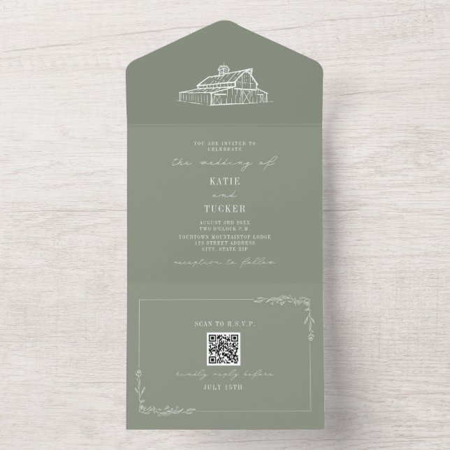 Barn Rustic Farm Wedding Sage Green QR All In One Invitation (Inside)