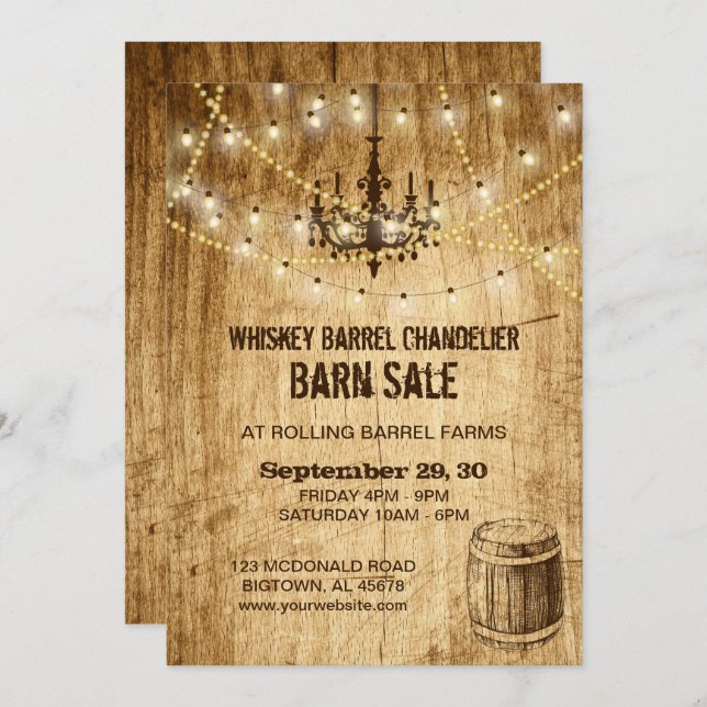 Barn Sale invitation with chandelier and barrel (Front/Back)