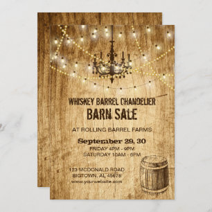 Barn Sale invitation with chandelier and barrel