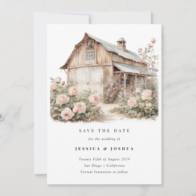 Barn Save the Date, Rustic Farmhouse Floral  Invitation (Front)