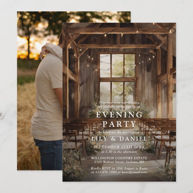 Barn String Lights Photo Wedding Evening Party  Invitation (Front/Back)