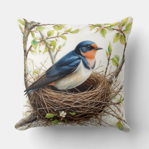Barn Swallow Nesting on a Blossom-Covered Branch Cushion