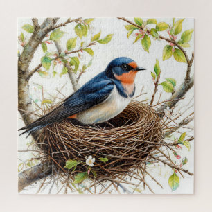 Barn Swallow Nesting on a Blossom-Covered Branch Jigsaw Puzzle