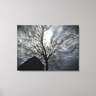 Barn w/Sky & Bare Trees Black & White Photo Canvas