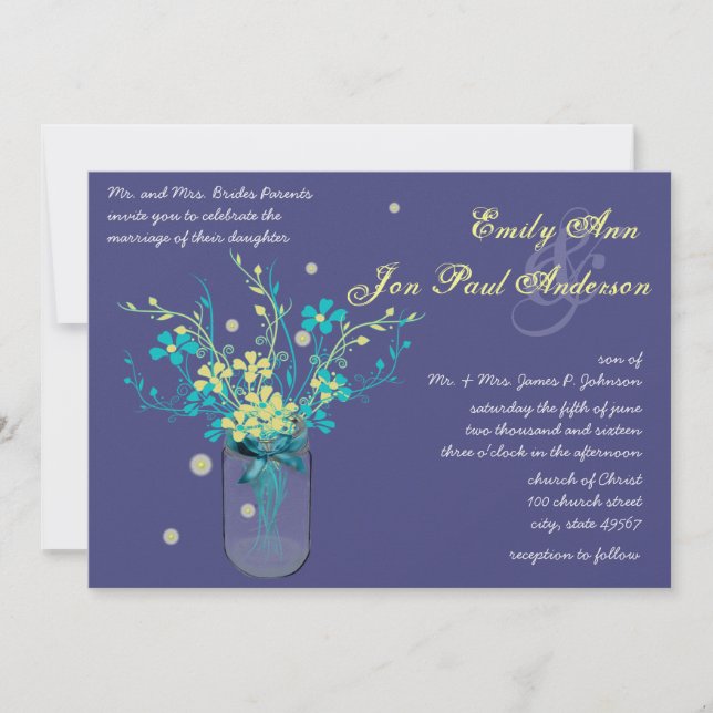 Barn Wedding Navy Aqua Yellow Flower Mason Jar Invitation (Front)