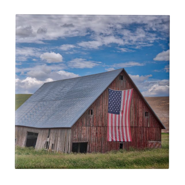 Barn with American Flag | Colfax, Washington Tile (Front)