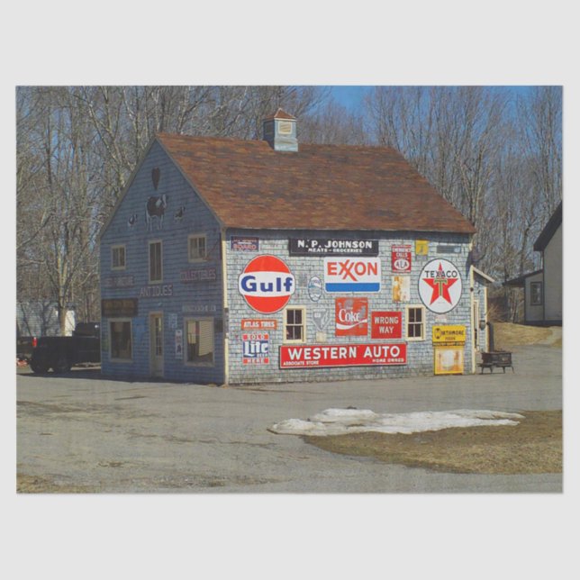 Barn with Several Signs on It Tissue Paper (Front)