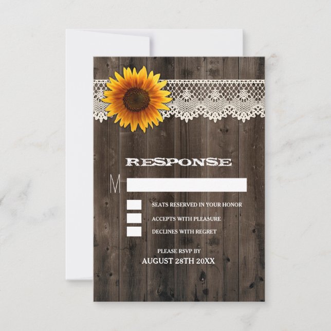 Barn Wood and Lace Sunflower Wedding RSVP Cards (Front)