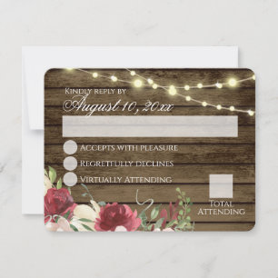 Barn Wood and String Lights Burgundy Floral RSVP I Invitation