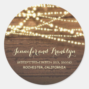 Barn Wood and String Lights Wedding Classic Round Sticker
