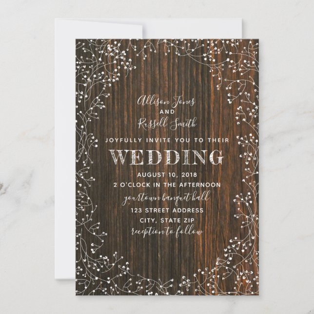 Barn Wood + Baby's Breath Calligraphy Wedding Invitation (Front)