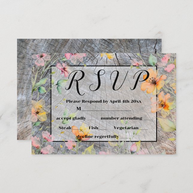  Barn-wood botanical pink orange wildflowers RSVP Card (Front/Back)