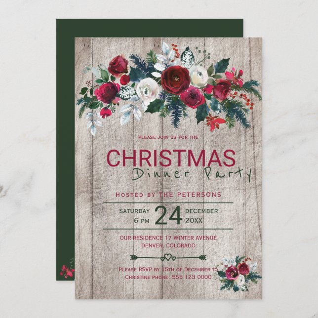 Barn Wood Burgundy Green Christmas Dinner Party Invitation (Front/Back)