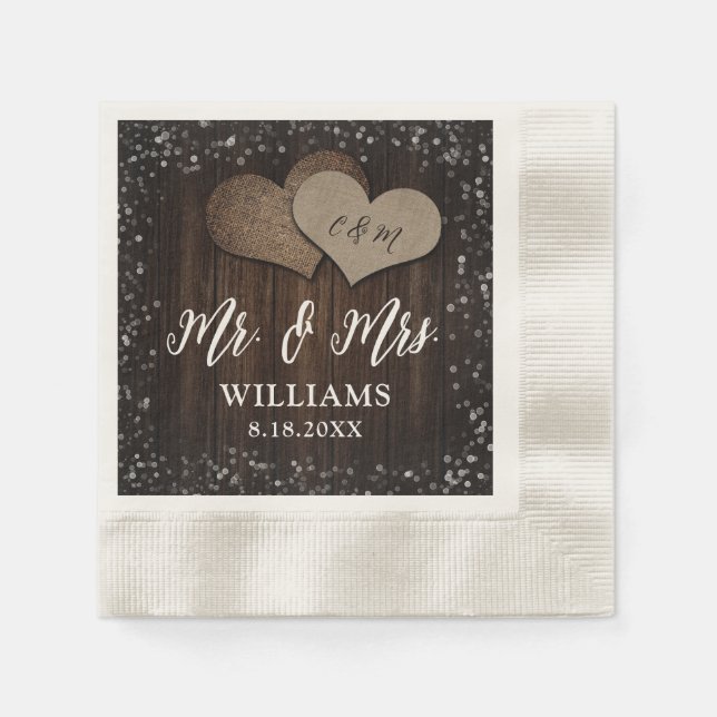Barn Wood Burlap Hearts Mr. & Mrs. Wedding Napkin (Front)