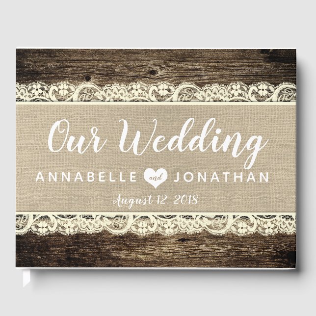 Barn Wood Burlap Lace Rustic Wedding Guest Book (Front)
